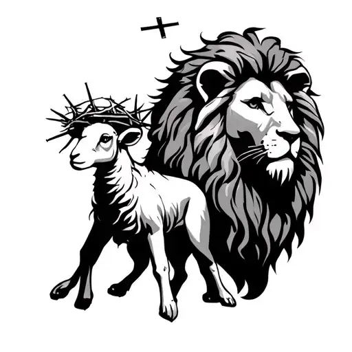 lion of Judah and a lamb with a crown of thorns with the cross between them tattoo design idea