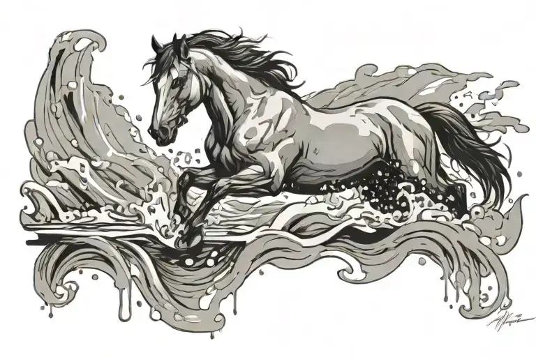 horse jumping through a puddle of water. on one side it has scales and kelp for hair tattoo design idea