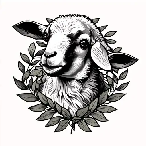 the head and front of a lamb covering the whole underarm and laurel leaves surrounding it tattoo design idea