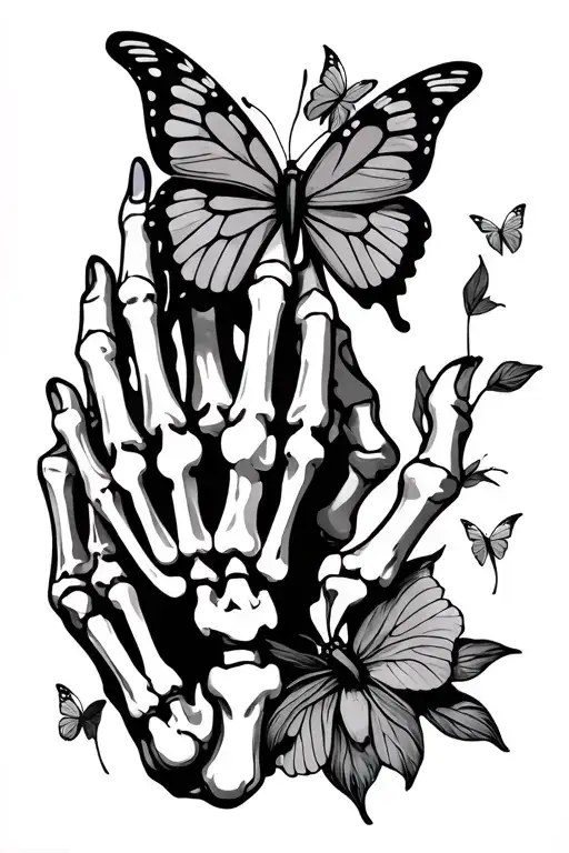 a skeleton hand and butterfly resting tattoo design idea