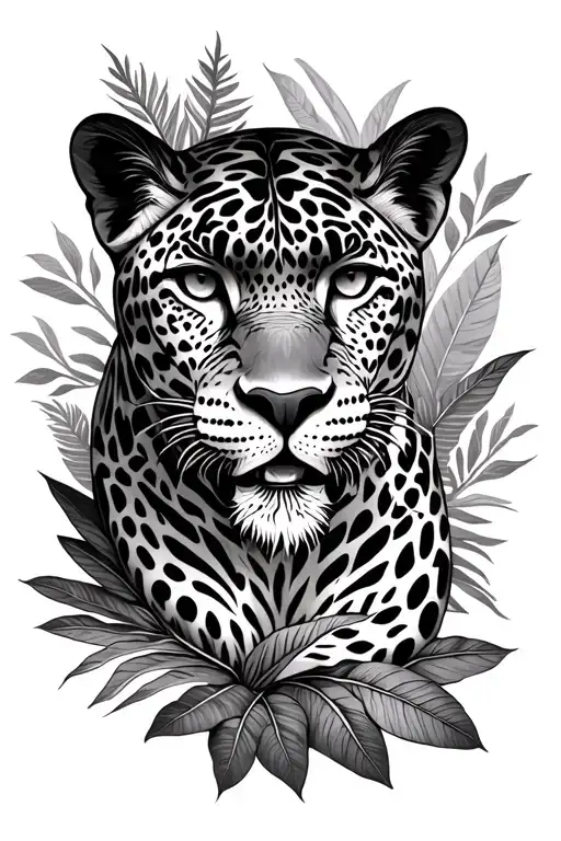 Jaguar in the Rainforest with jungle leaves intertwined tattoo design idea