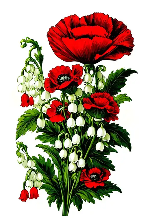 poppy, lily of the valley with carnations tattoo design idea
