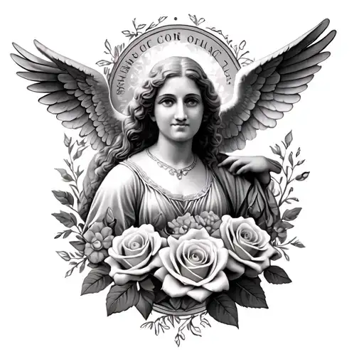 memorial to grandmother surrounded by angels and roses tattoo design idea