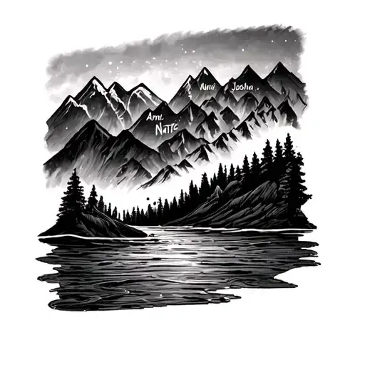 Forearm tattoomountains with water at the bottom  tattoo names on each mountain Ami, Victoria, Nate, Ruth Joshua tattoo design idea