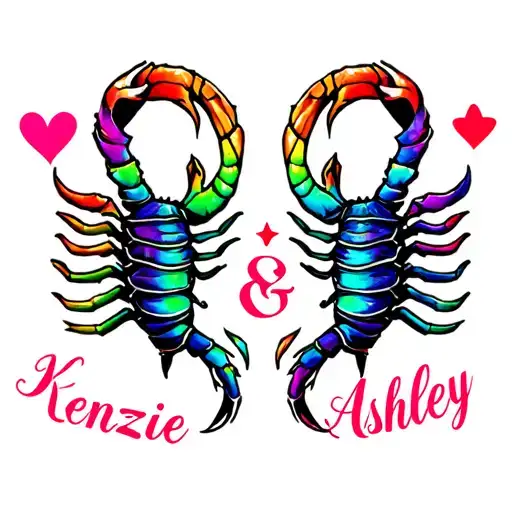 Tattoo Aquarius and Scorpio symbol with the name "Kenzie & Ashley" hearts stars rainbow love tattoo design idea
