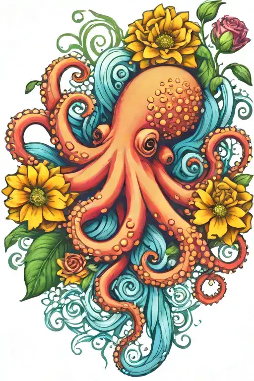 octopus, snowdrop, rose,  marigold flower tattoo design idea