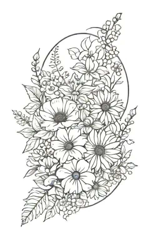 A sleeve tattoo featuring a garden of flowers representing different aspects of motherhood tattoo design idea