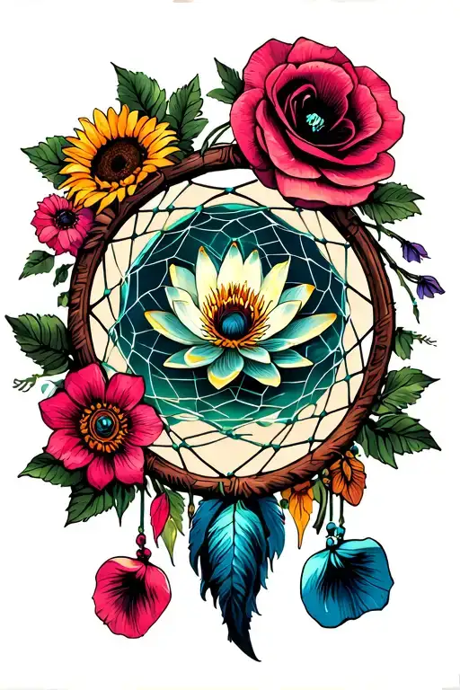 whimsical dream catcher with water lily in center of ring, surrounded by rose, sunflower, poppy and sweet pea flowers  tattoo design idea