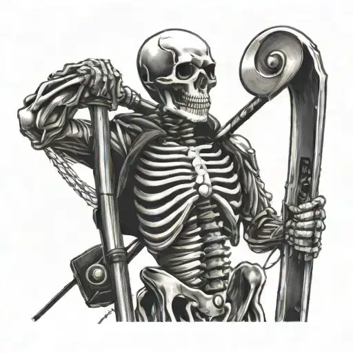 Skeleton holding a pair of skis over his shoulder in one arm, and a pair of ski poles in the other arm tattoo design idea