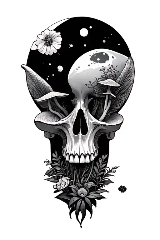 mushrooms, plants, moons, animak skull tattoo design idea
