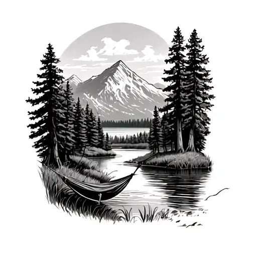 meadow with river mountain hammock forest lake tattoo design idea