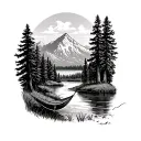 meadow with river mountain hammock forest lake tattoo design idea