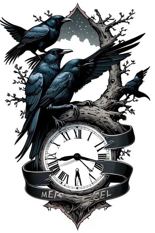 night sky filler, crows, tree branch, time, ribbon tattoo design idea