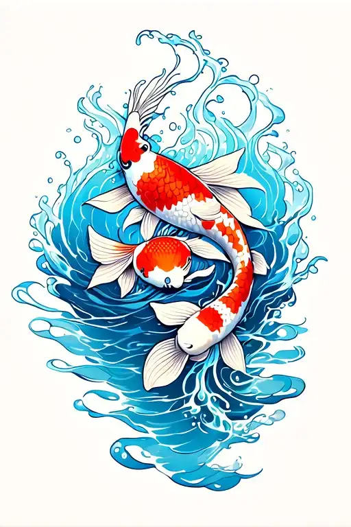 blue water with one koi fish with. water running down the arm with square shadowblocks at the end of air with shadowing. tattoo design idea