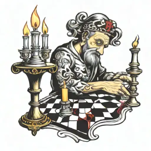 create a full sleeve tattoo, with burning candles father and son hand by hand with chess and shadows with queen  big ba tattoo design idea