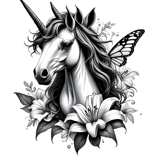 unicorn, fairy, lilies, butterfly, rainbow tattoo design idea