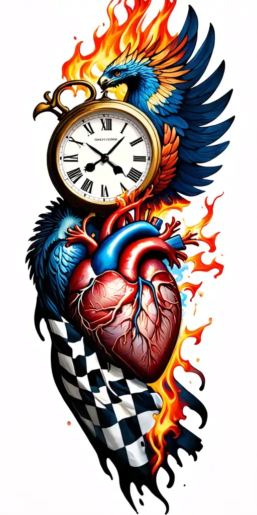 full sleeve involving skeletonized clock, phoenix on fire, anatomical heart, checkered flag tear through skin tattoo design idea