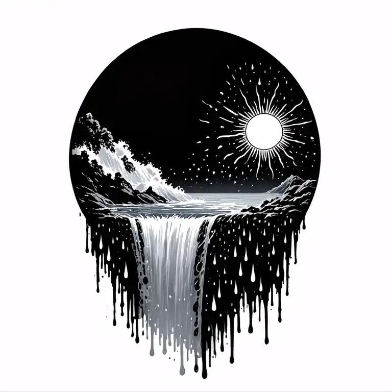 a sun melting into a waterfall that turns into rain drops tattoo design idea