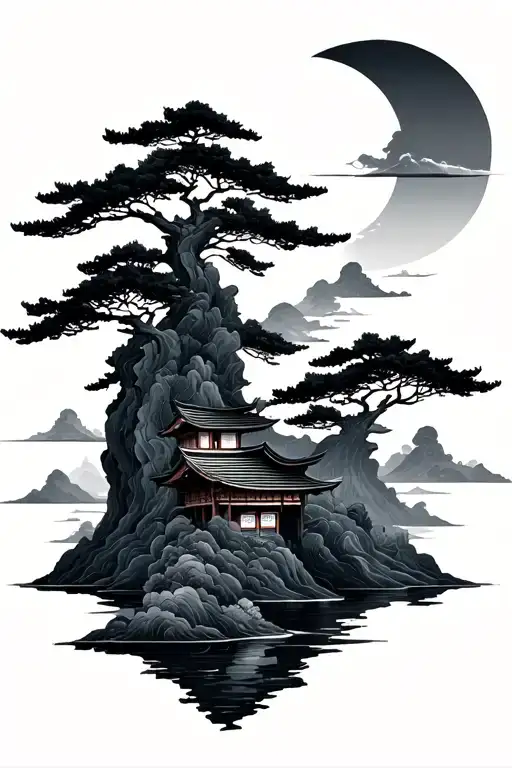 Vertical Japanese Scenery tattoo design idea