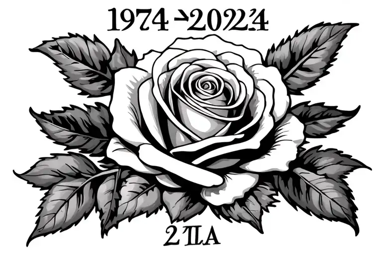 rose with roman numerals above it that write out the date 1974-2024 tattoo design idea