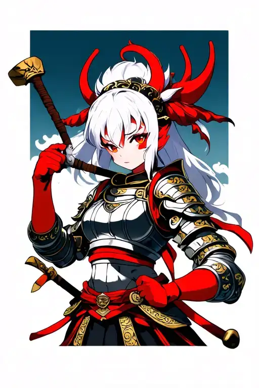 Oni girl with samurai armor, red skin, white hair holding a club over her shoulder. Focused in a battle pose. wasit up tattoo design idea