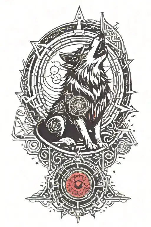 A tattoo of a wolf howling at a blood moon, with elements from Zelda Twilight Princess and Majora's Mask incorporated into the design tattoo design idea