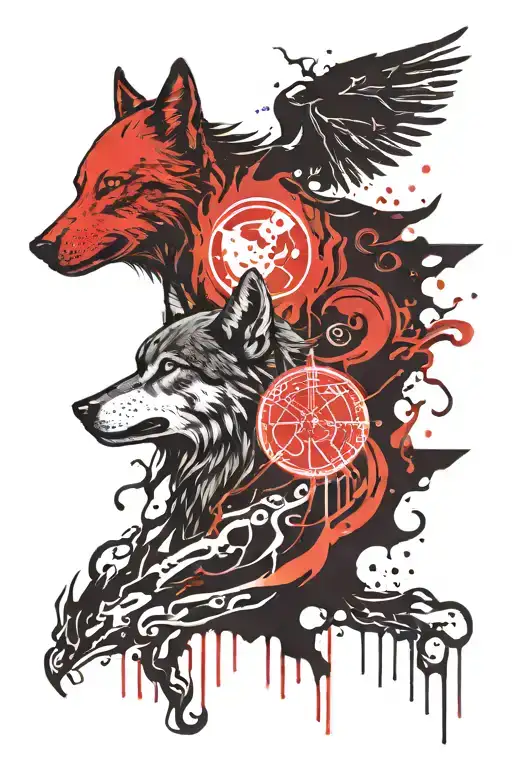 A tattoo of a wolf howling at a blood moon, with elements from Zelda Twilight Princess and Majora's Mask incorporated into the design tattoo design idea