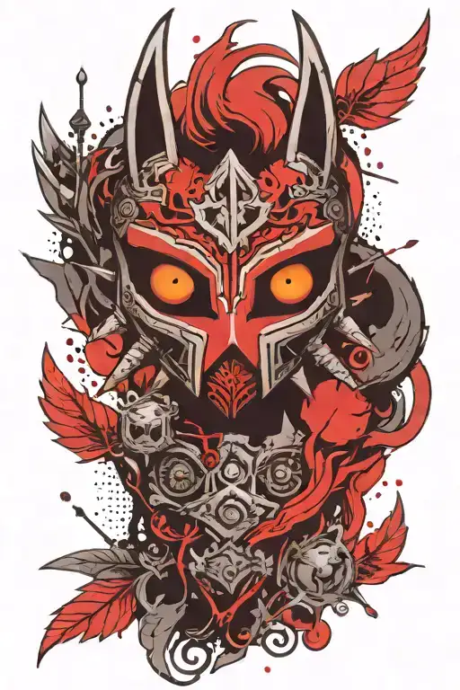 Nintendo majoras mask on hand with evil zelda twilight princess themed sleeve detailed tattoo design idea