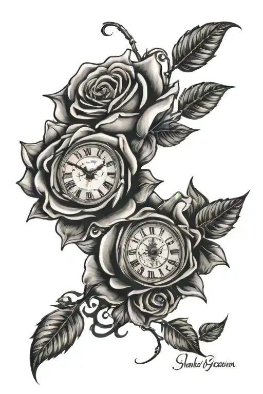 A sleeve tattoo with roses, something that represents time, something that represents freedom and the years 2009, 1968,  tattoo design idea