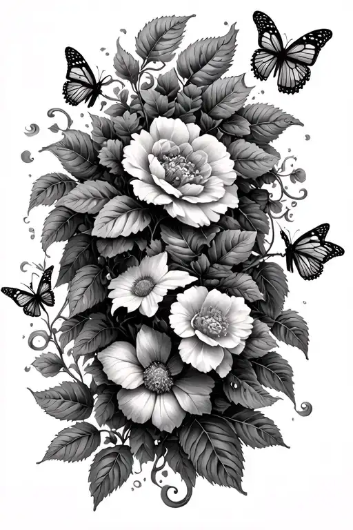 Lower Spine: Twisting poison ivy vines with leavesMid-Spine: Flowers blooming from the vinesUpper Spine: Butterflies tattoo design idea