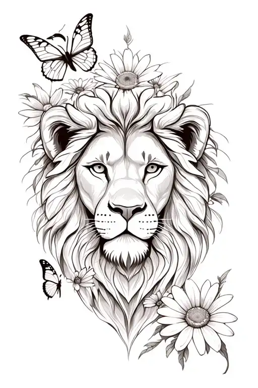  feminine lion , daisys , cosmo flower butterflies floral and mandala tattoo design idea