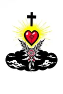 red heart shape, clouds, yellow rays, floral patterns, Norse cross tattoo design idea
