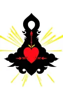 red heart shape, clouds, yellow rays, floral patterns, Norse cross tattoo design idea