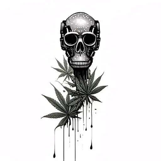 composition,robot skull with gas mask,marijuana leaves in the background,dripping blood tattoo design idea