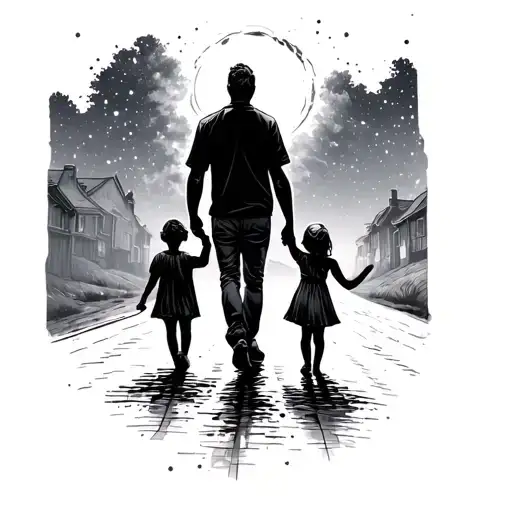 dad and daughter holding hands, walking down a street with orion's belt in the sky tattoo design idea