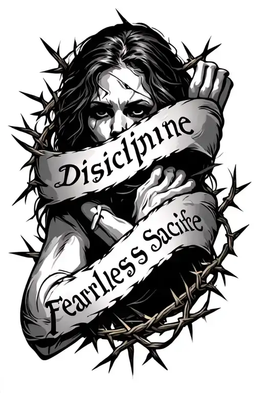 an arm sleeve with the words discipline, fearless, sacrifice with thorns and barbwire along the arm  tattoo design idea