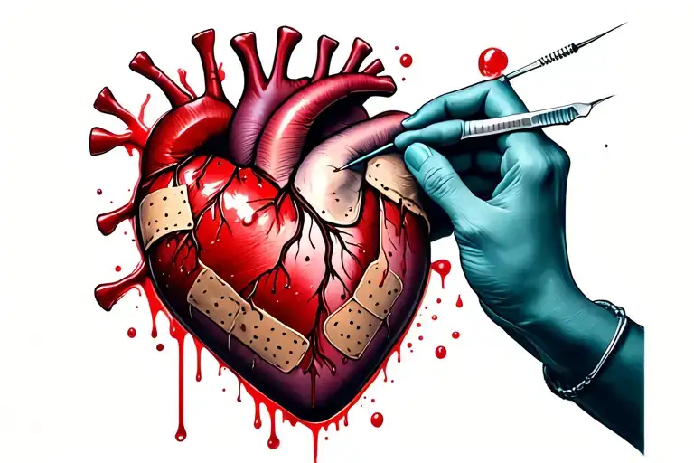 heart with lots of bruises and band aids but bleeding with stitching a needle trying to hold the pain  tattoo design idea
