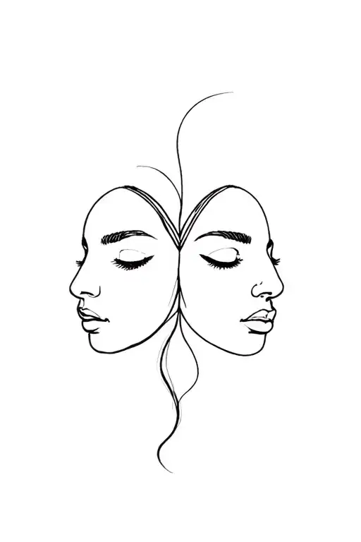 Using a single line create a Gemini tattoo of 2 faces looking opposite directions with one placed above the other tattoo design idea