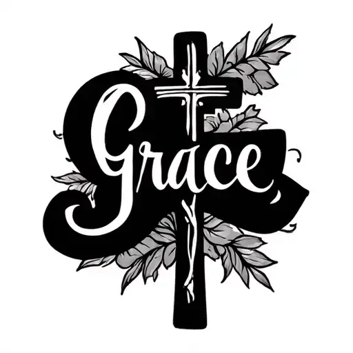 Cross with Grace writte in cursive on the right side with the g at the top and the e at the bottom and then smalle tattoo design idea