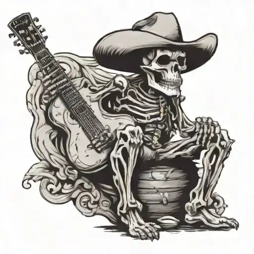 skeleton playing guitar with cowboy hat and shirt standing tattoo design idea