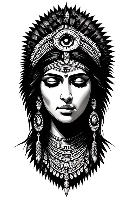 Indian woman with eyes closed mythology Maya Inca Third Eye tattoo design idea