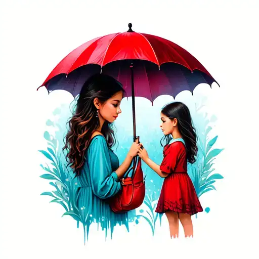 small tattoo with mother and teenage daughter with a red umbrella tattoo design idea
