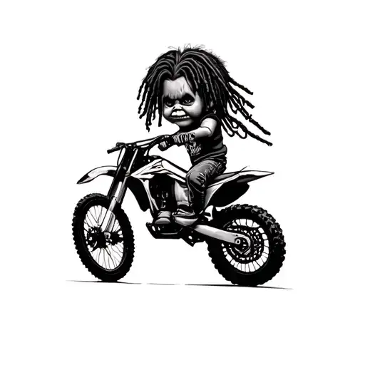 chucky with dreads riding dirt bike tattoo design idea