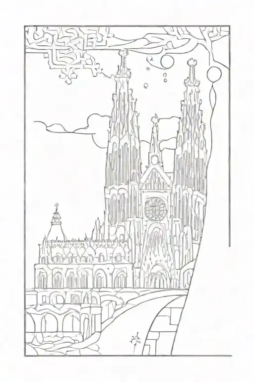 A sleeve with the Sagrada Familia building in Barcelona, Rosie in a foreign language and other filler designs tattoo design idea