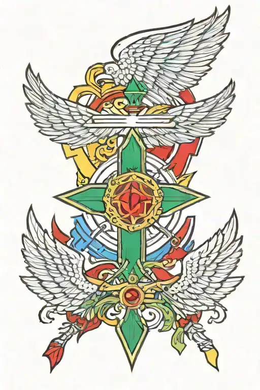 4 arrows; one green, one blue, one yellow, one Irish flag colors pointing up towards red angel wings and red halo tattoo design idea
