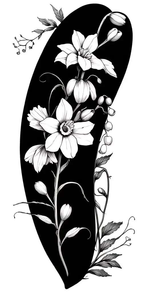 Daffodil • Lily of the Valley • Morning Glory/Aster • Cosmos or Marigold  with vines from shoulder to wrist  tattoo design idea