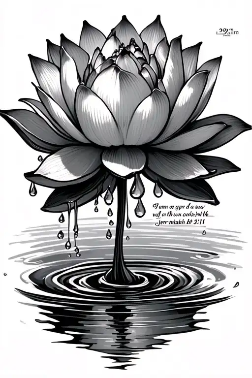 lotus with water droplets dropping into the lotus flower blooming, add the scripture jerimiah 29:11 tattoo design idea