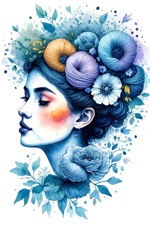 side profile of female face with yarn exploding from top of head. surrounded by flowers tattoo design idea