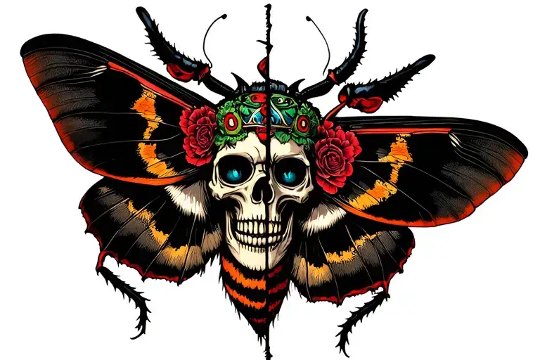 death head moth with skull and oni mask split in half tattoo design idea