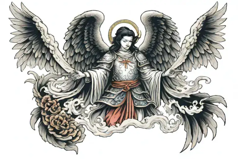 full catholic archangel michael, with a traditional japanese background, no edges nor corners, stretched tattoo design idea